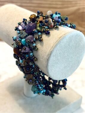 Handmade Beaded Natural Gemstone Bracelet in Blue, Purple, and Brown
